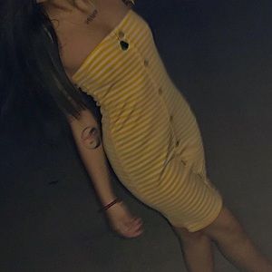 white & yellow striped tube dress